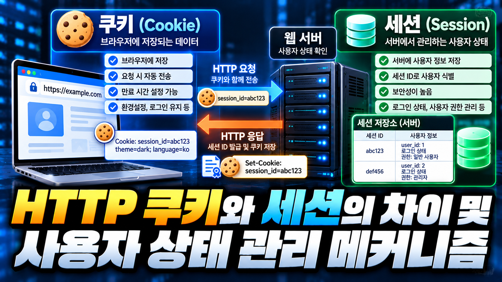 HTTP 쿠키와 세션 비교 인포그래픽 썸네일